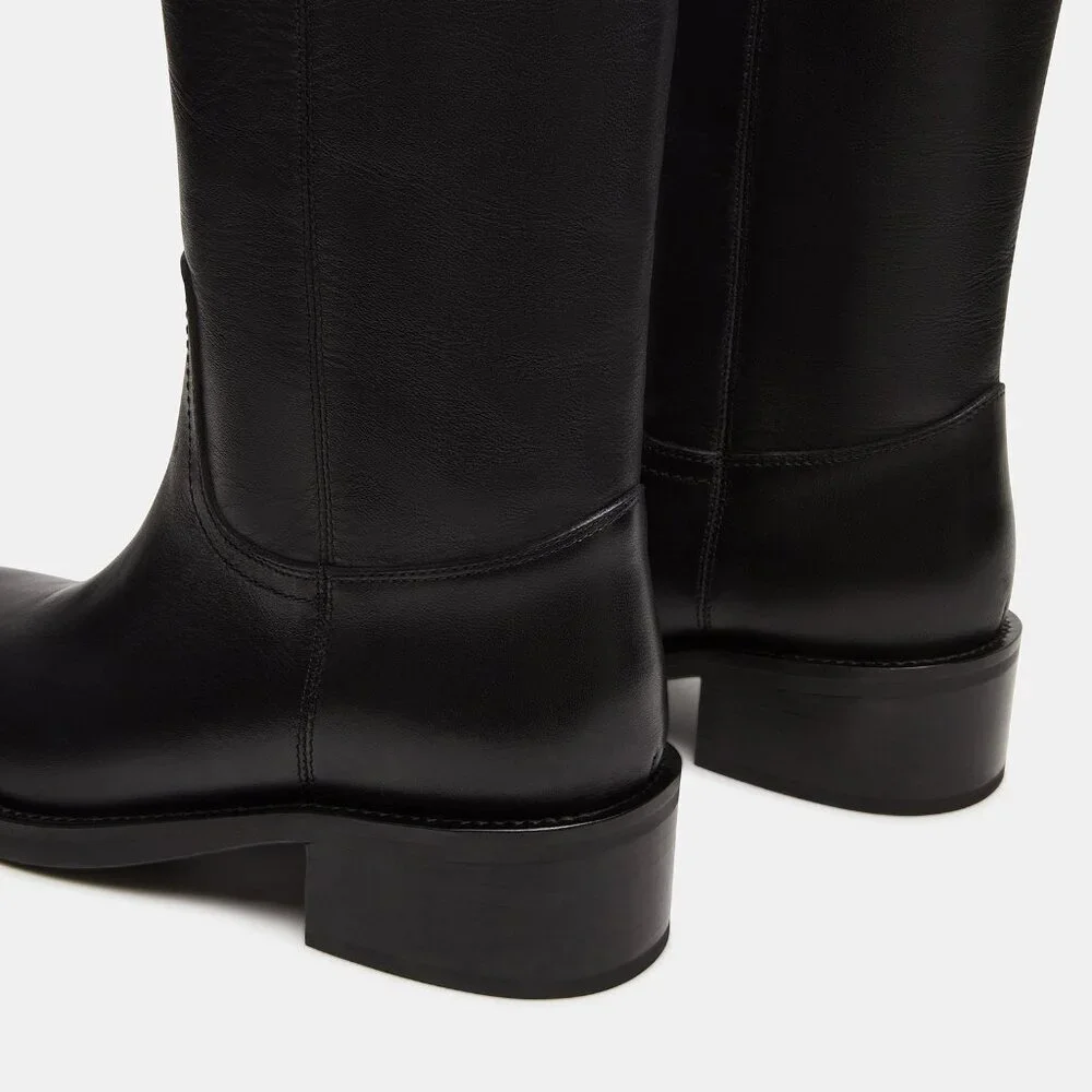 New Womens sz 10 Steve Madden RIGGS BLACK LEATHER BOOTS square shoe fashion - Picture 6 of 8